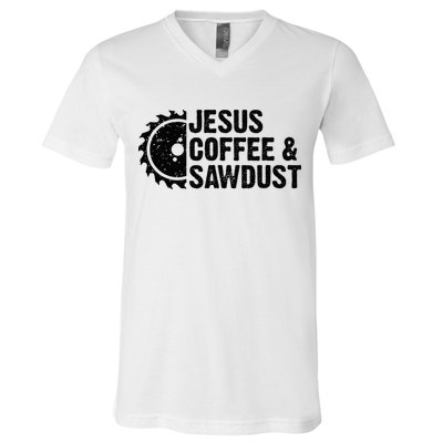 Jesus Coffee & Sawdust Christian Carpenter Woodworking V-Neck T-Shirt