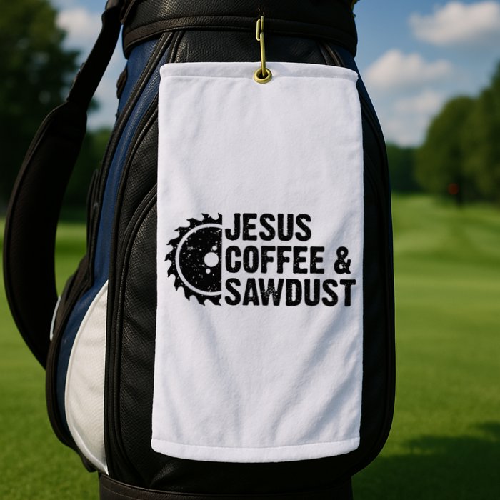 Jesus Coffee & Sawdust Christian Carpenter Woodworking Golf Towel