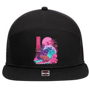 Japanese Capybara Surfing Wave Great Wave Japan 7 Panel Mesh Trucker Snapback Hat