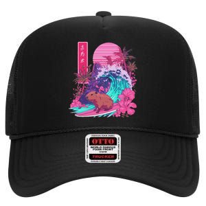 Japanese Capybara Surfing Wave Great Wave Japan High Crown Mesh Back Trucker Hat