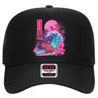 Japanese Capybara Surfing Wave Great Wave Japan High Crown Mesh Back Trucker Hat