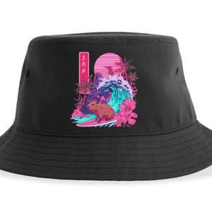 Japanese Capybara Surfing Wave Great Wave Japan Sustainable Bucket Hat