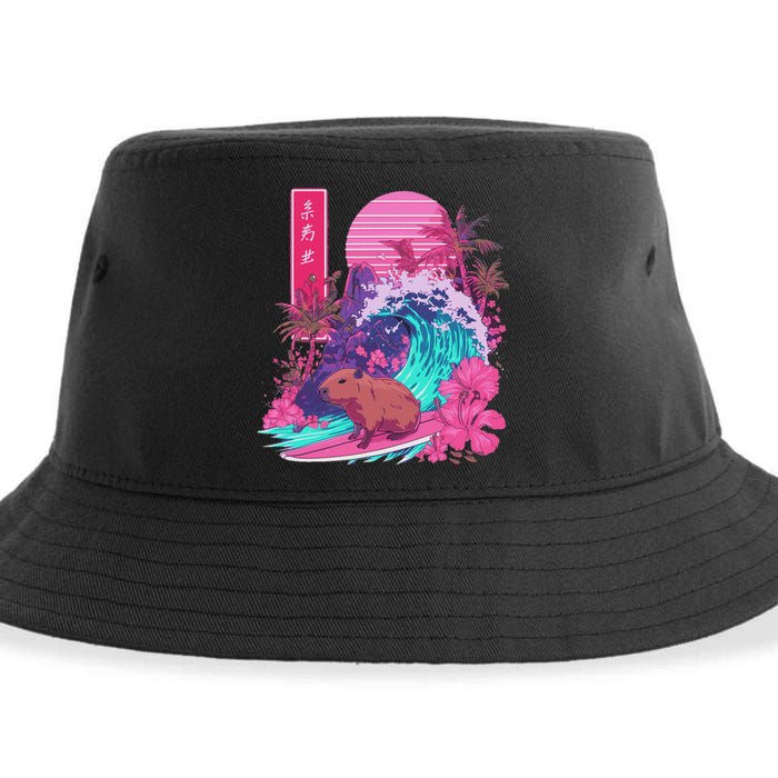 Japanese Capybara Surfing Wave Great Wave Japan Sustainable Bucket Hat