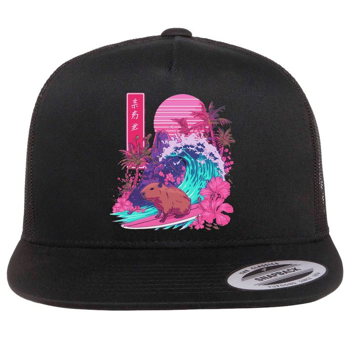 Japanese Capybara Surfing Wave Great Wave Japan Flat Bill Trucker Hat