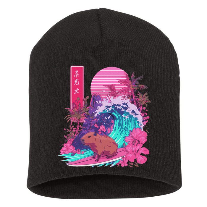 Japanese Capybara Surfing Wave Great Wave Japan Short Acrylic Beanie