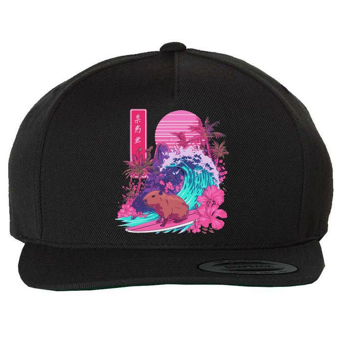 Japanese Capybara Surfing Wave Great Wave Japan Wool Snapback Cap