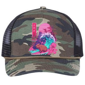 Japanese Capybara Surfing Wave Great Wave Japan Retro Rope Trucker Hat Cap