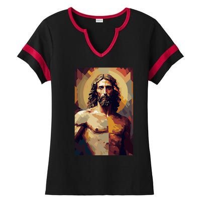 Jesus Christ Stained Glass Art Ladies Halftime Notch Neck Tee