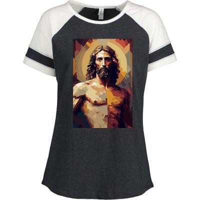 Jesus Christ Stained Glass Art Enza Ladies Jersey Colorblock Tee