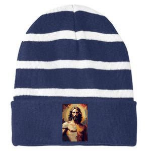 Jesus Christ Stained Glass Art Striped Beanie with Solid Band