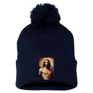 Jesus Christ Stained Glass Art Pom Pom 12in Knit Beanie