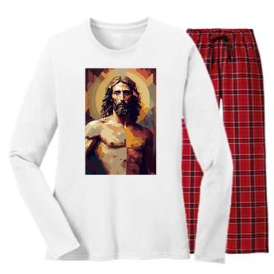 Jesus Christ Stained Glass Art Women's Long Sleeve Flannel Pajama Set 