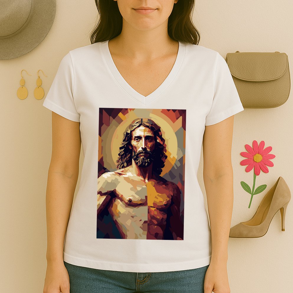 Jesus Christ Stained Glass Art Women's V-Neck T-Shirt