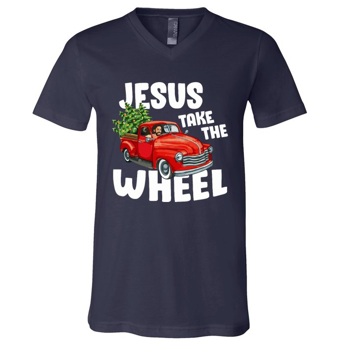 Jesus Christ Take The Wheel Red Truck Christmas Christian V-Neck T-Shirt