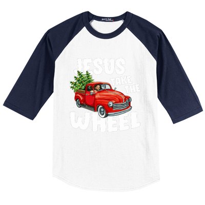 Jesus Christ Take The Wheel Red Truck Christmas Christian Baseball Sleeve Shirt