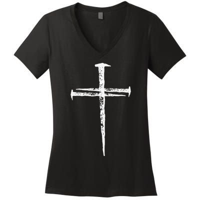 Jesus Cross Three Nails Christian Vintage Women's V-Neck T-Shirt