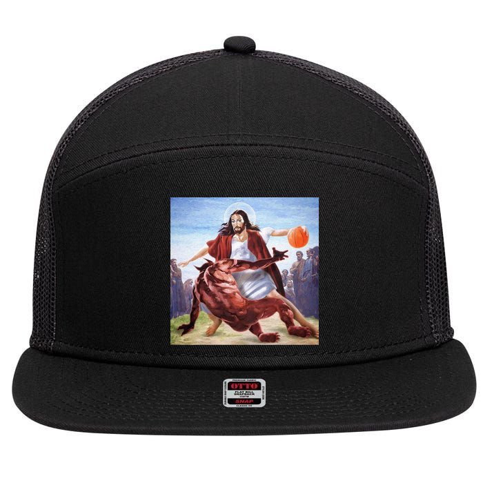 Jesus Crossing Up Satan Basketball 7 Panel Mesh Trucker Snapback Hat