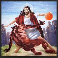 Jesus Crossing Up Satan Basketball 7 Panel Mesh Trucker Snapback Hat