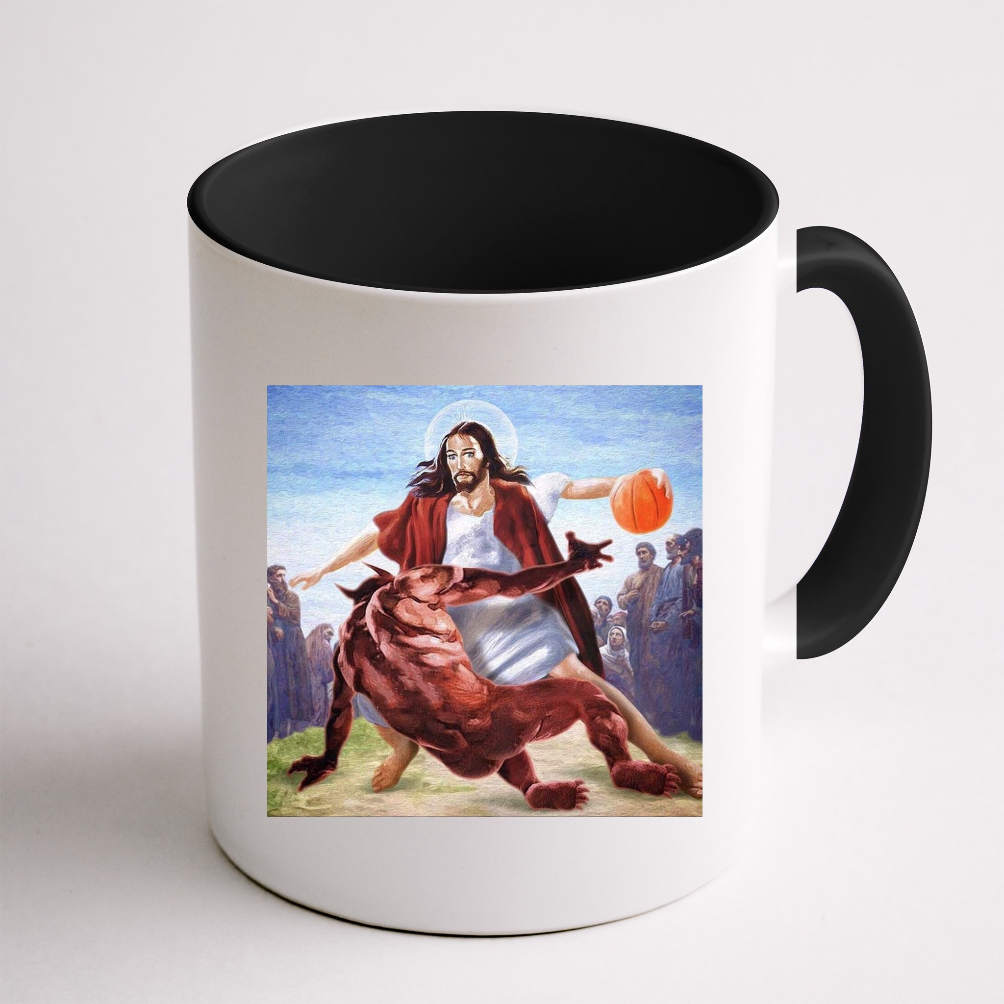 Jesus Crossing Up Satan Basketball Mug