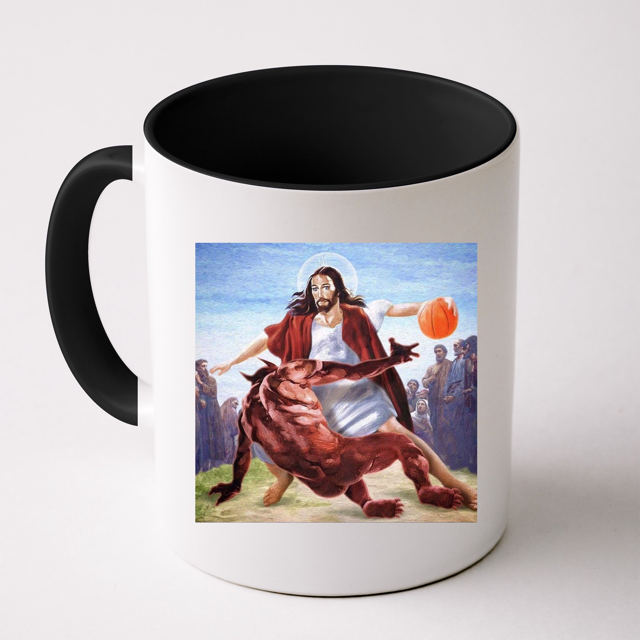 Jesus Crossing Up Satan Basketball Mug