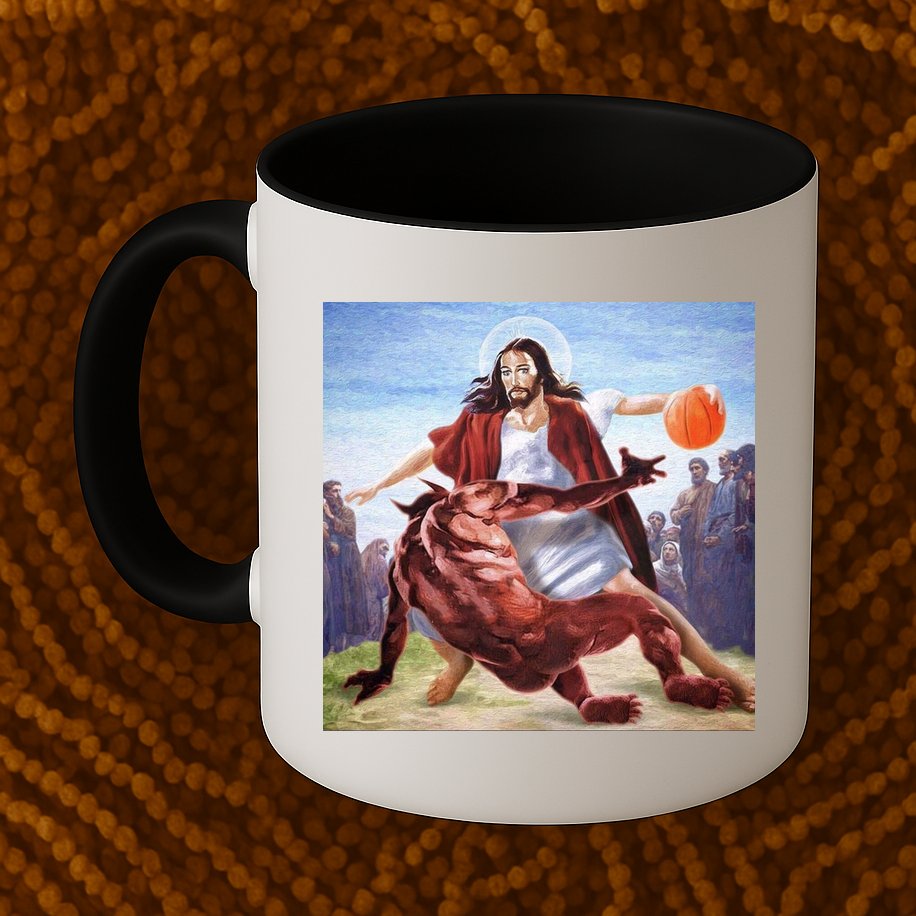 Jesus Crossing Up Satan Basketball Mug
