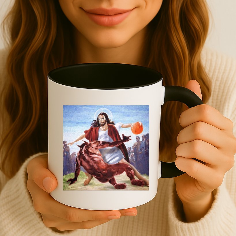 Jesus Crossing Up Satan Basketball Mug