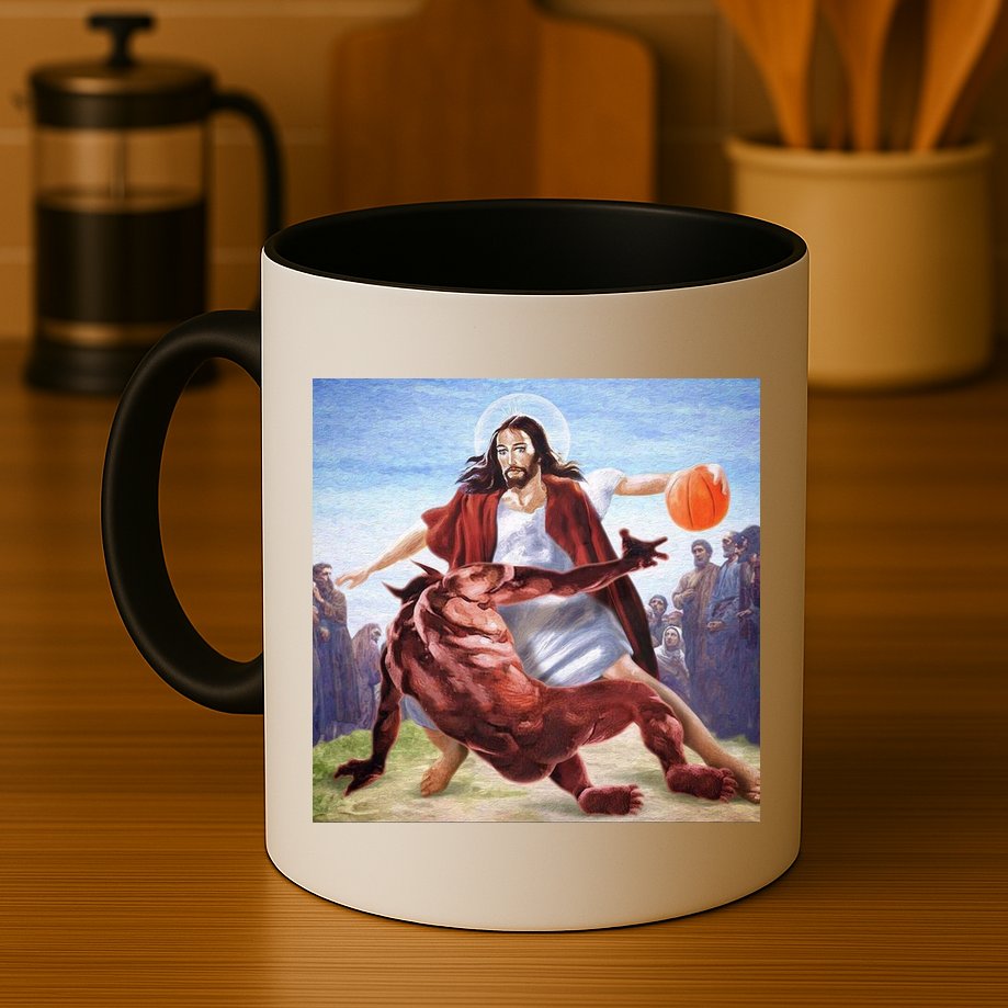 Jesus Crossing Up Satan Basketball Mug