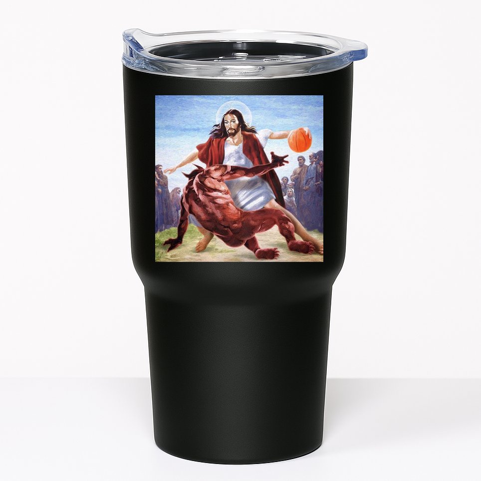 Jesus Crossing Up Satan Basketball Tumbler
