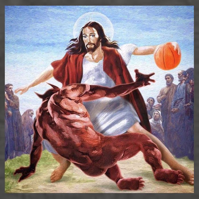 Jesus Crossing Up Satan Basketball Vector Backpack