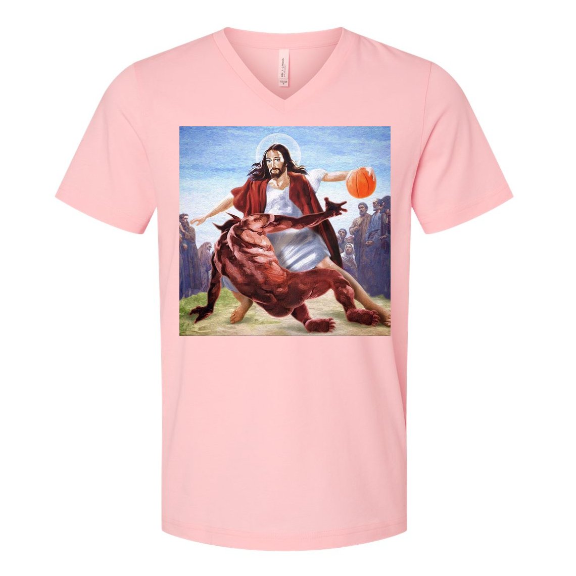 Jesus Crossing Up Satan Basketball V-Neck T-Shirt