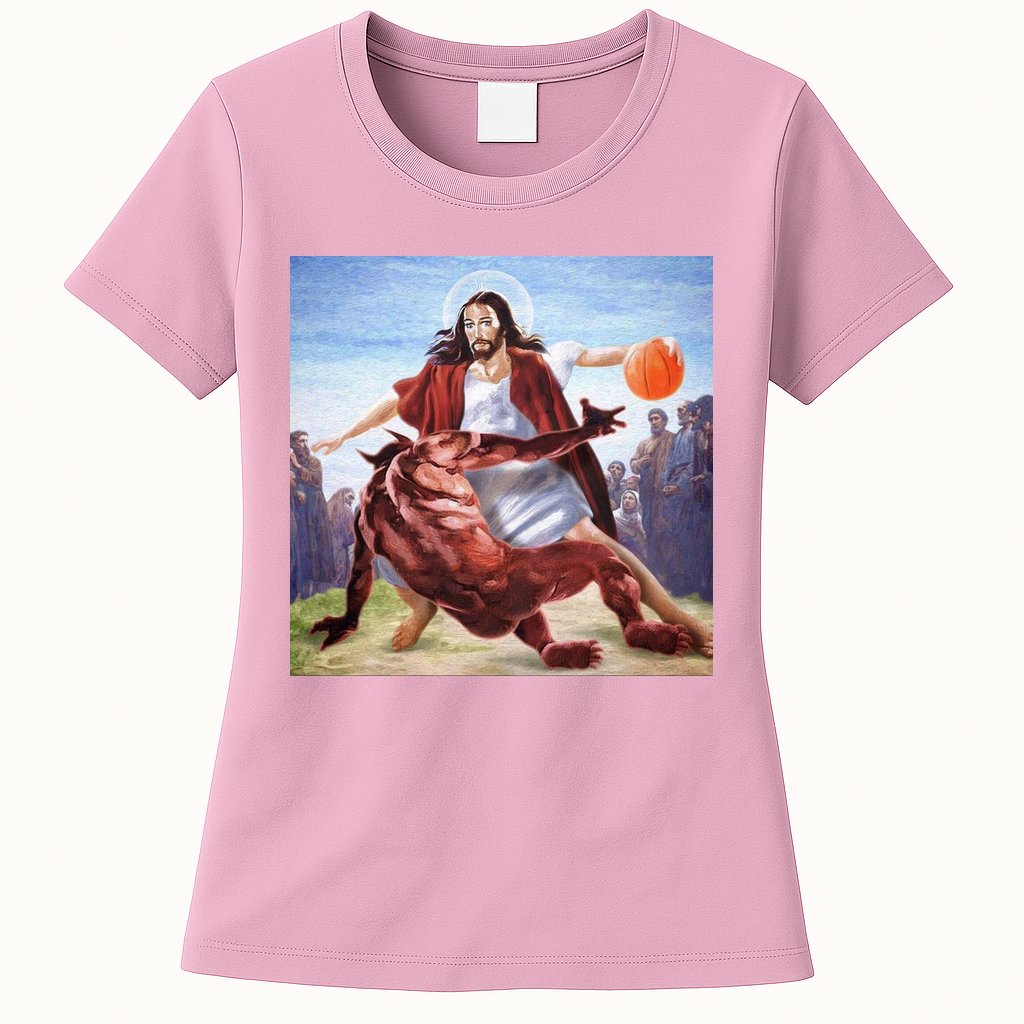 Jesus Crossing Up Satan Basketball Womens T-Shirt