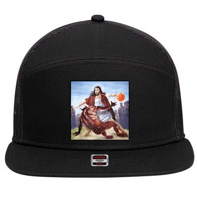 Jesus Crossing Up Satan Basketball 7 Panel Mesh Trucker Snapback Hat