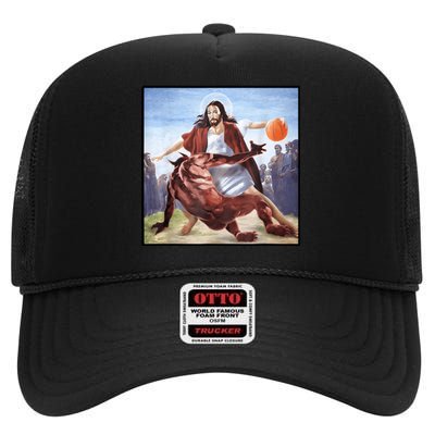 Jesus Crossing Up Satan Basketball High Crown Mesh Back Trucker Hat