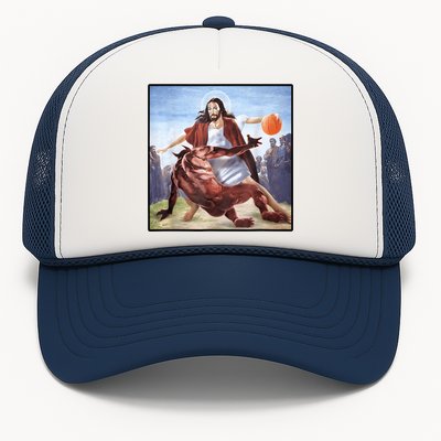 Jesus Crossing Up Satan Basketball Trucker Hat