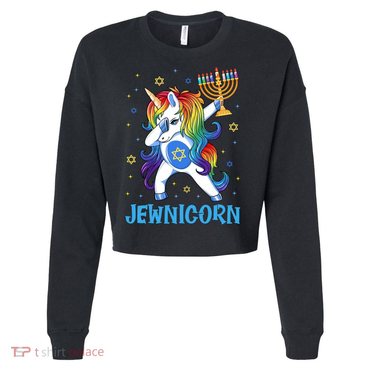 Jewnicorn Cute Unicorn Hanukkah Chanukah Pajamas Girls Cropped Pullover Crew
