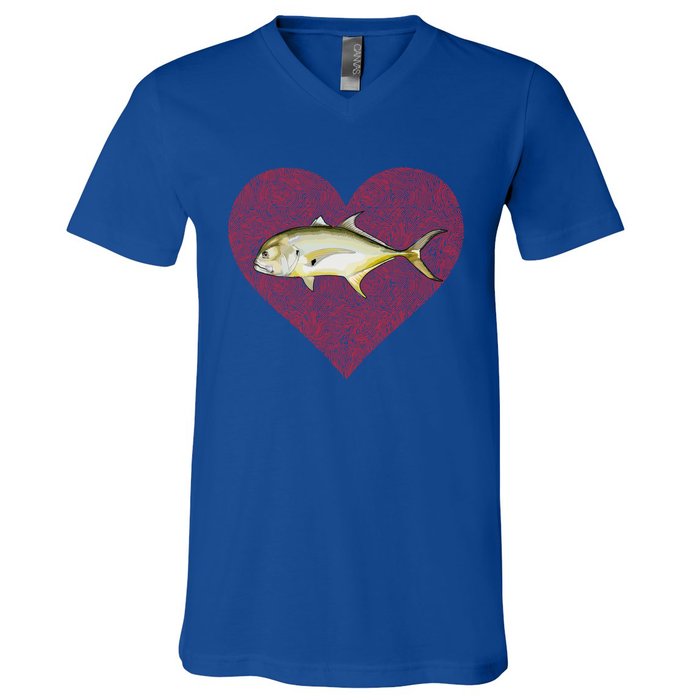 Jack Crevalle Valentines Day Fish Love Fingerprint Gift V-Neck T-Shirt