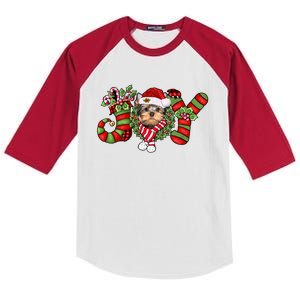 Joy Christmas Yorkshire Terrier Dog Santa Pajamas Xmas Funny Gift Kids Colorblock Raglan Jersey