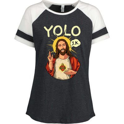 Jesus Christ YOLO JK Meme Funny Christian Easter Enza Ladies Jersey Colorblock Tee