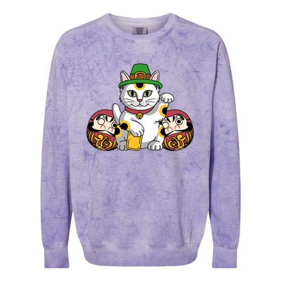 Japanese Daruma Doll Eki Neko Cat In St Patrick's Hat Great Gift Colorblast Crewneck Sweatshirt