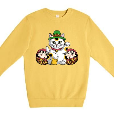 Japanese Daruma Doll Eki Neko Cat In St Patrick's Hat Great Gift Premium Crewneck Sweatshirt