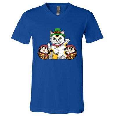 Japanese Daruma Doll Eki Neko Cat In St Patrick's Hat Great Gift V-Neck T-Shirt