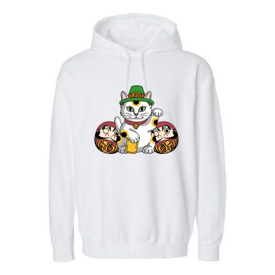 Japanese Daruma Doll Eki Neko Cat In St Patrick's Hat Great Gift Garment-Dyed Fleece Hoodie