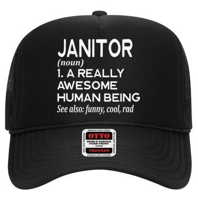 Janitor Definition Funny Janitorial Cleaning Repairing  High Crown Mesh Back Trucker Hat