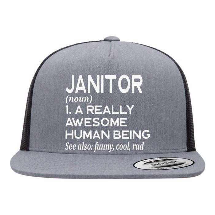 Janitor Definition Funny Janitorial Cleaning Repairing  Flat Bill Trucker Hat