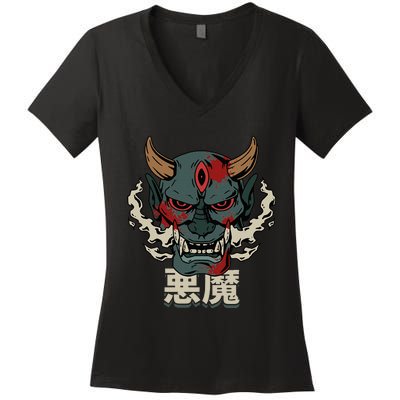 Japanese Demon Face Skull Devil Aesthetic Devil Face Women's V-Neck T-Shirt