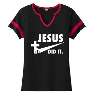 Jesus Did It Faith Cross Christian Ladies Halftime Notch Neck Tee