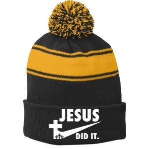 Jesus Did It Faith Cross Christian Stripe Pom Pom Beanie