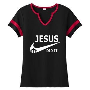 Jesus Did It My Savior Died For My Sins 3 Crosses Christian Catholic Ladies Halftime Notch Neck Tee