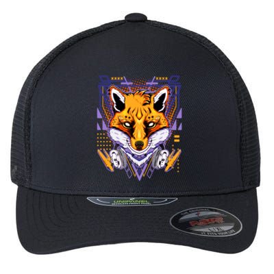 Japanese Digital Kitune Fox With Headphone Flexfit Unipanel Trucker Cap