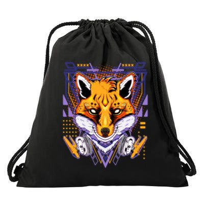 Japanese Digital Kitune Fox With Headphone Drawstring Bag